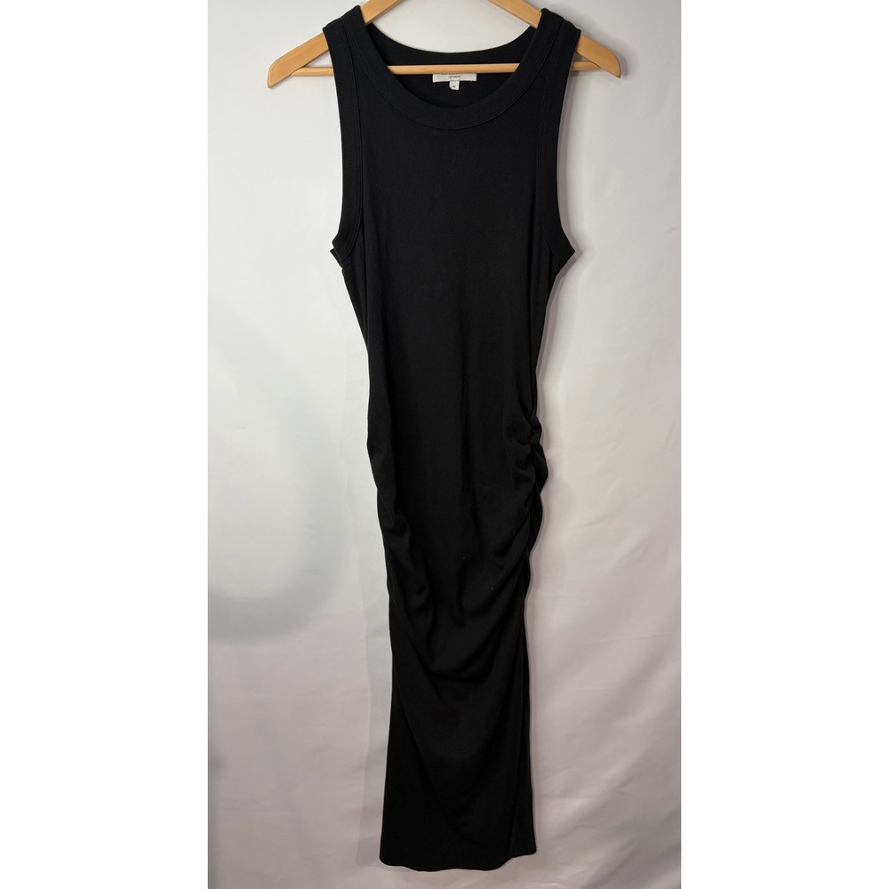 Michael Stars Womens Black Ribbed Ruched Side Slit Midi Tank Dress Sz M Bodycon - Picture 1 of 8
